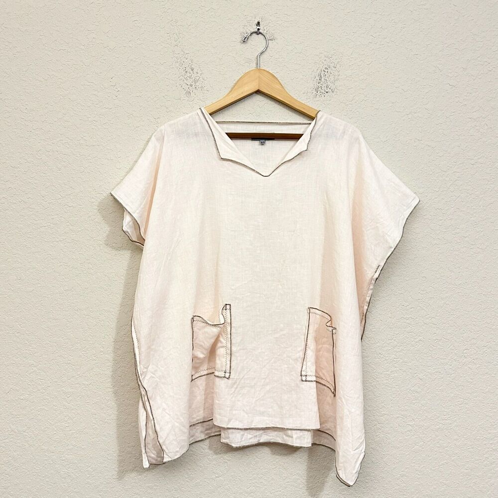 TUTU & LILLI Boxy Linen Top Pale Peach Sheer Slit Patch Pocket NWOT
